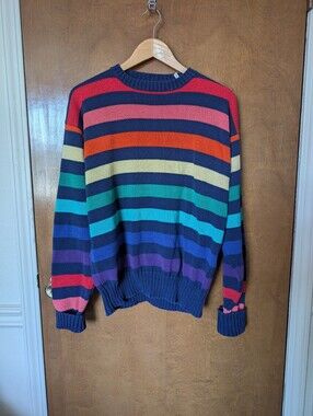 Vtg Norsport Rainbow Striped Colorful Cotton Knit Long Sleeve Sweater